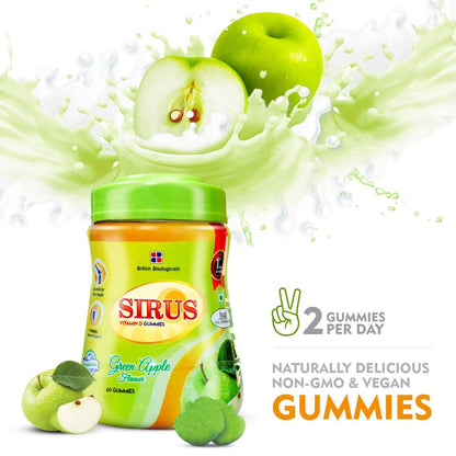 Sirus green apple gummies with apples and a splash of juice on a white background