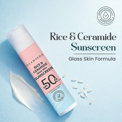 Glamveda Rice & Ceramide Dewy Sunscreen SPF 50 PA+++ | Transparent, Ultra lightweight gel cream | No White Cast, Water & Sweat Proof | For Dry & Sensitive Skin Types 50 ml