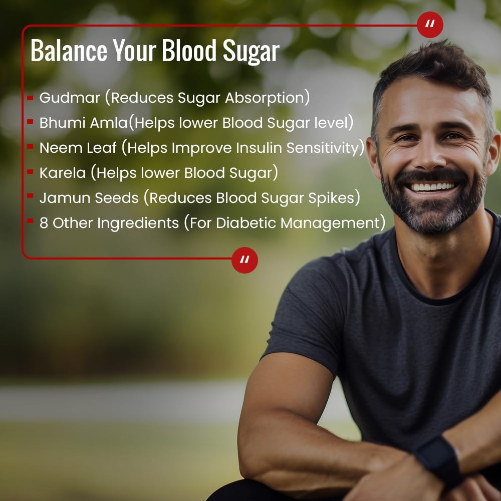 Man sitting outdoors with text on balancing blood sugar and natural ingredients.