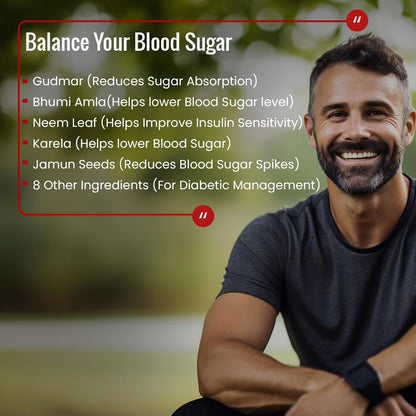 Man sitting outdoors with text on balancing blood sugar and natural ingredients.