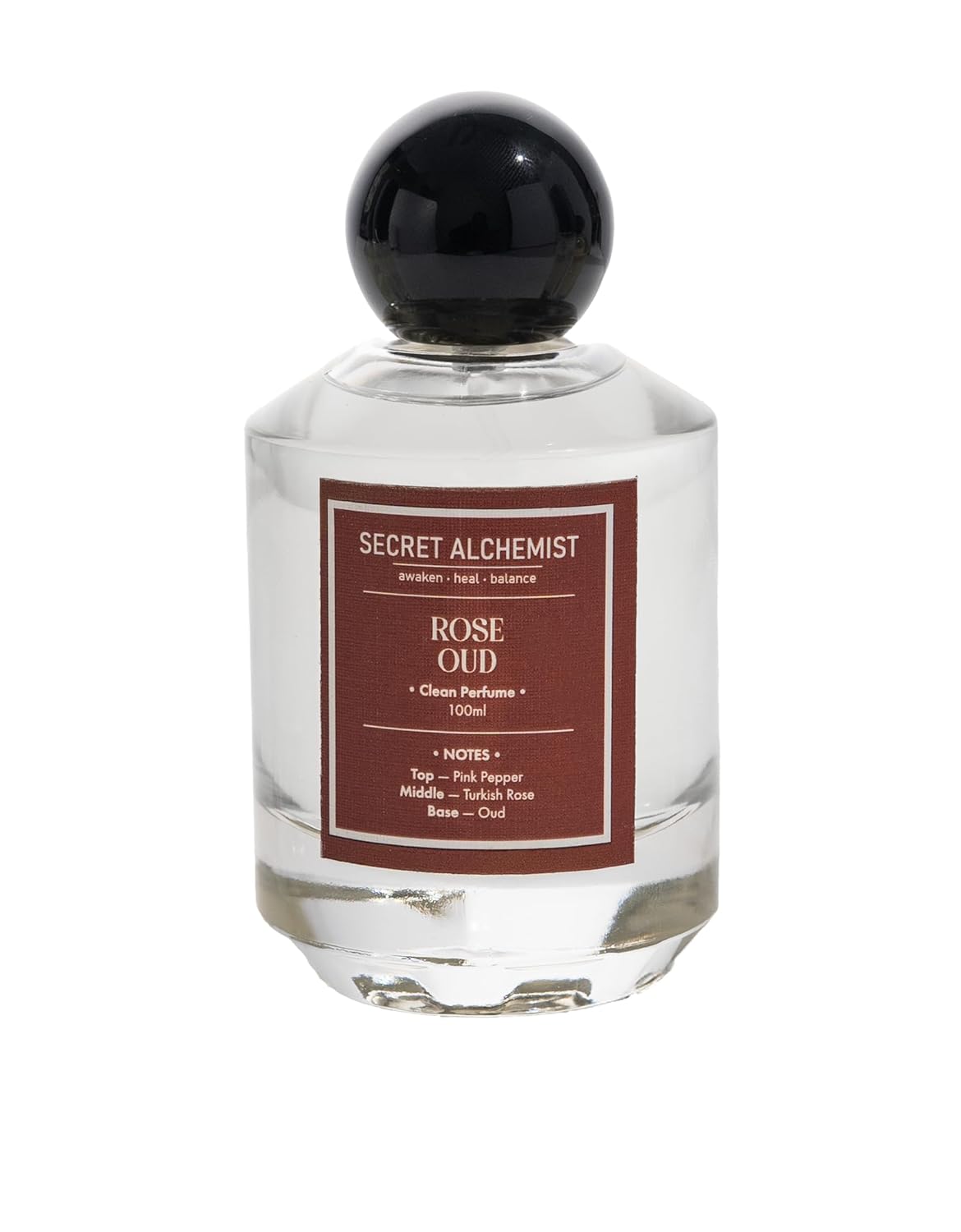 Perfume bottle labeled 'Rose Oud' by Secret Alchemist on a white background