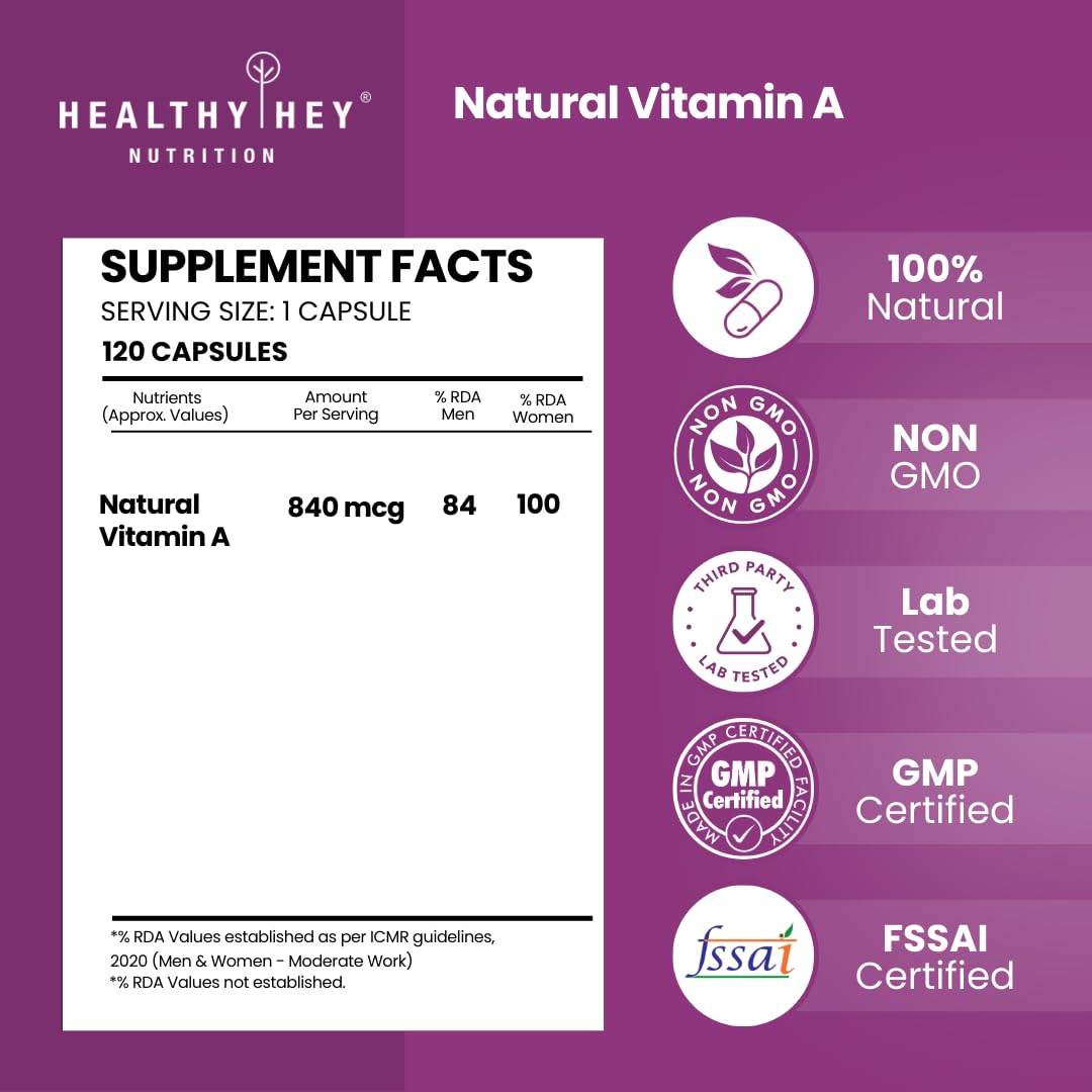 Healthy Hey Nutrition Natural Vitamin A supplement label on a purple background