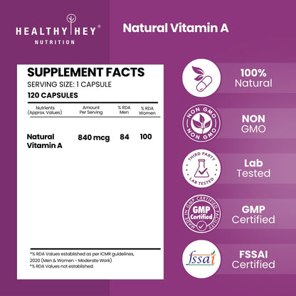 Healthy Hey Nutrition Natural Vitamin A supplement label on a purple background