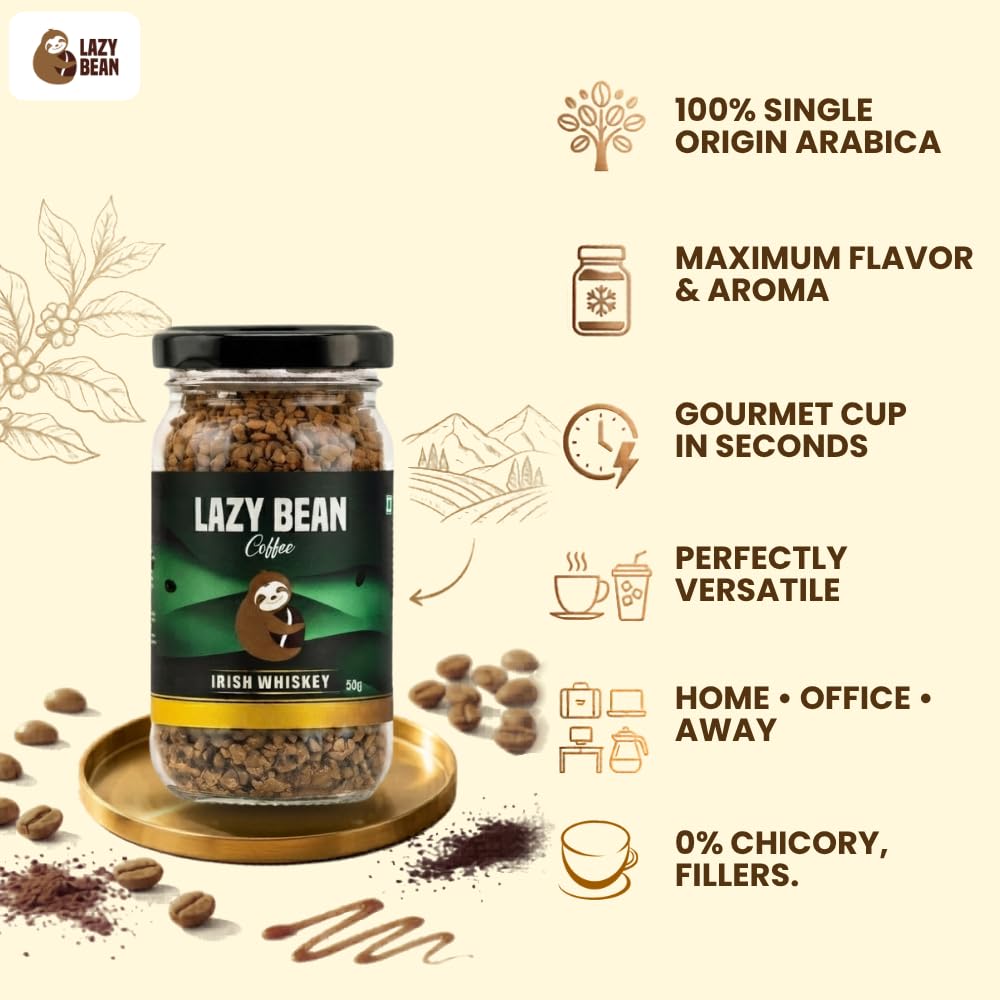 Lazy Bean Irish Whiskey Flavoured Instant Coffee | 100% Arabica Coffee | Medium Roast | Rich Whiskey-Inspired Aroma | Premium Flavoured Coffee Powder | Café Style Beverage | No Alcohol | 50g