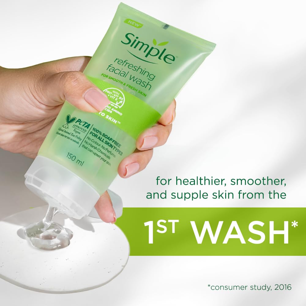 Simple Kind To Skin Refreshing Facial Wash 150 ml | 100% Soap-Free Facewash that doesn't dry out your skin| For All Skin Types