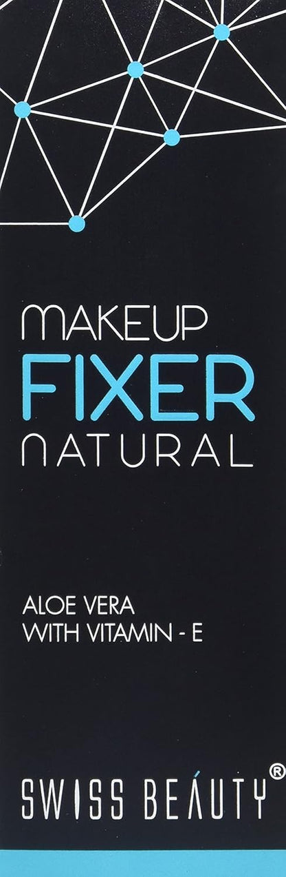 Makeup Fixer Natural packaging with aloe vera and vitamin E on a black background
