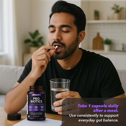 Boldfit Probiotics 5 Billion CFU with 16 Strains and Prebiotics for Gut Cleanse Detox Digestive Health Bloating Relief Constipation Probiotic Supplement for Men and Women Supports Immunity Booster - 60 Veg Capsules