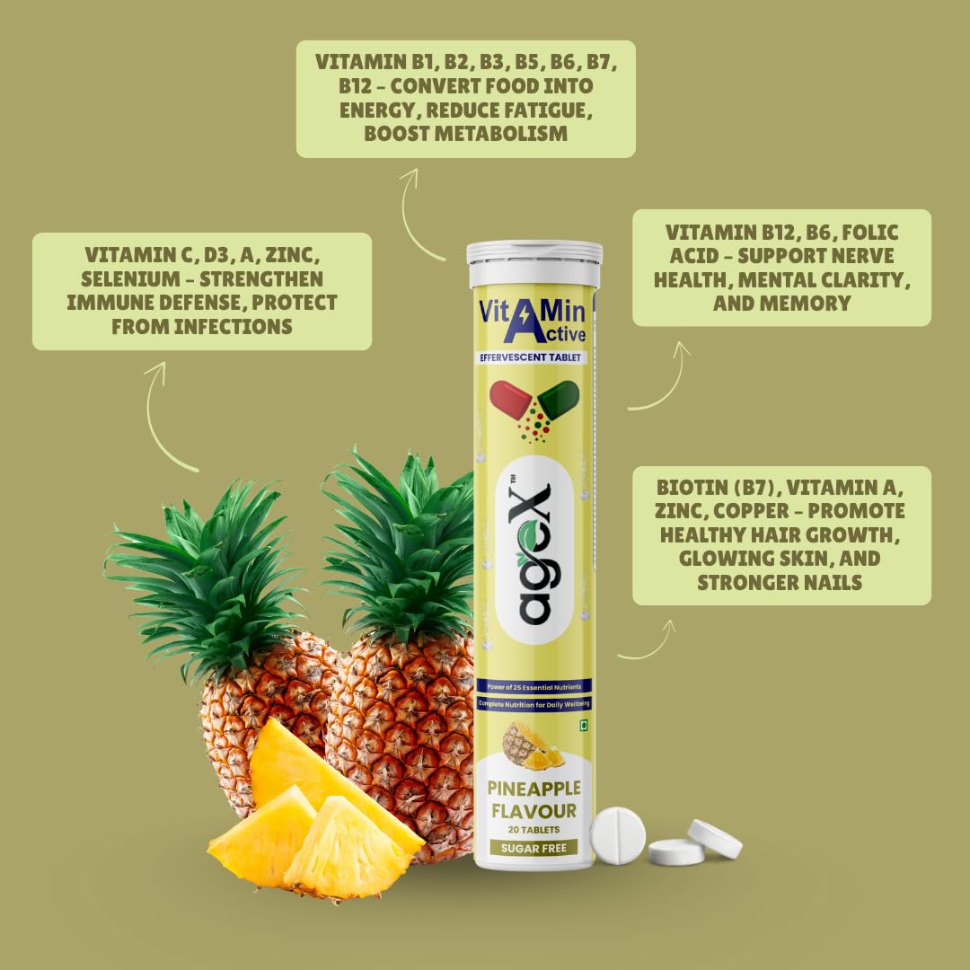 Daily Multivitamins - 21 Fast-Acting Vitamins & Minerals with Vit C, B3, B12, Zinc and Iron for Immunity, Energy & Heart Health - 20 Effervescent Tablets - Pineapple (Pack of 1)