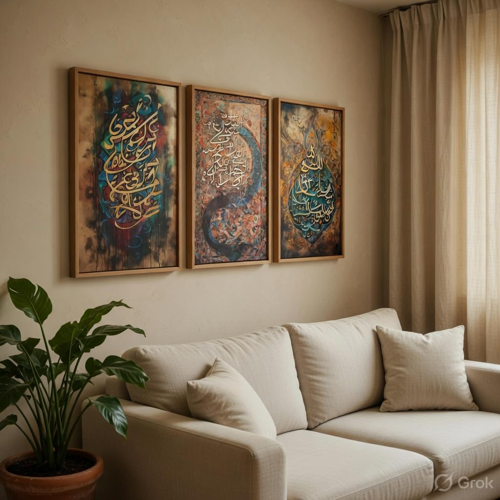Islamic Calligraphy Wall Painting Set of 3 with Wooden Frames | Arabic Quranic Calligraphy Islamic Wall Art | HD Sparkle Printed MDF Wall Decor for Living Room, Bedroom & Prayer Room