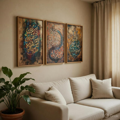 Islamic Calligraphy Wall Painting Set of 3 with Wooden Frames | Arabic Quranic Calligraphy Islamic Wall Art | HD Sparkle Printed MDF Wall Decor for Living Room, Bedroom & Prayer Room