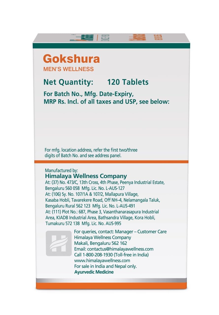 Gokshura Men's Wellness supplement packaging with detailed text on a white background