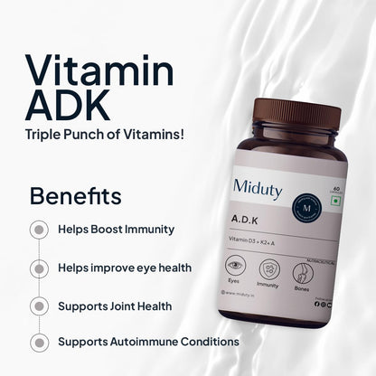 Zephivo Miduty by Palak Notes Vitamin ADK, Vitamin D3 and K2 Supplements, Cholecalciferol Vitamin D3, Boost Immunity, Stronger Bones, Vitamin ADK Supplement, Immunity Booster Capsule - 60 Capsules