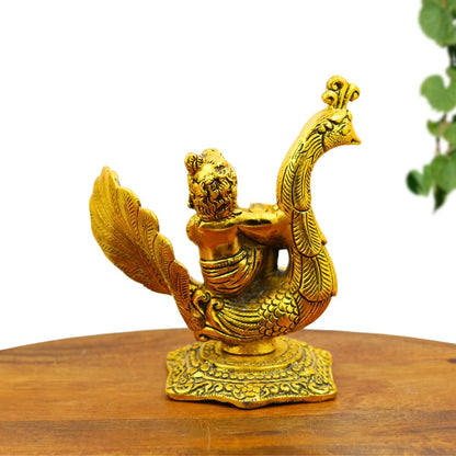 Gold Plated Bal Krishna Idol on Peacock Bansuri Playing Metal Statue for Janmashtami, Home Mandir, Spiritual Decor & Gifting