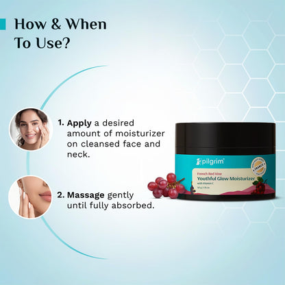 PILGRIM French Red Vine Youthful Glow Moisturizer SPF 30 with Vitamin C, Rosehip Oil For Anti Ageing, Sun Protection PA+++, Daily Use, Dry, Oily, Combination Skin, Men & Women, 50g