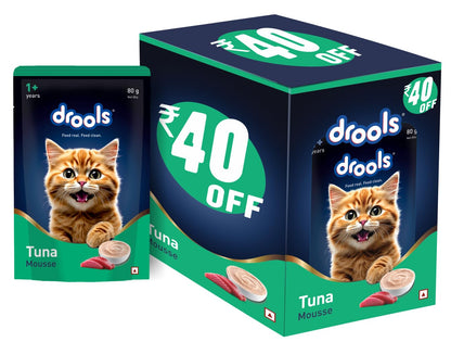 Drools Adult Cat Wet Mousse 80g Pack of 5, 400g | Tuna Flavour | Rich in Protein | Promotes Hydration & Easy to Digest | No Artificial Flavours | Packed with Essential Vitamins & Antioxidants