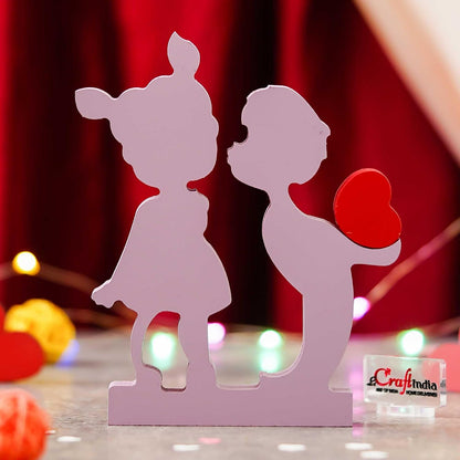 eCraftIndia Valentine Gift for Girlfriend Boyfriend | Wooden Boy Kissing Girl Love Heart Romantic Couple Showpiece | Valentine Day Gift for Husband Wife Him Her | Valentine Day Decoration Item