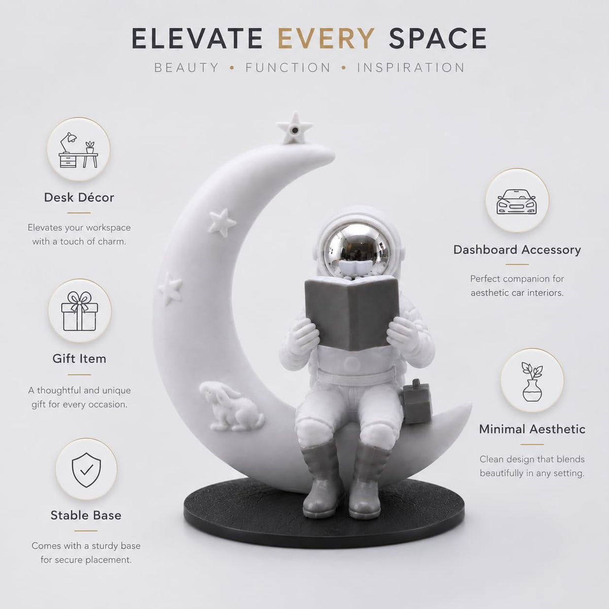 Astronaut Figurine Showpiece for Home Décor, Office Desk, Car Dashboard & Table Decoration | Space Astronaut Statue Collectible Gift for Home, Room & Workspace (Moonstar Silver)