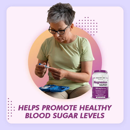 Woman holding a test strip with a bottle of magnesium sulphate on a light purple background