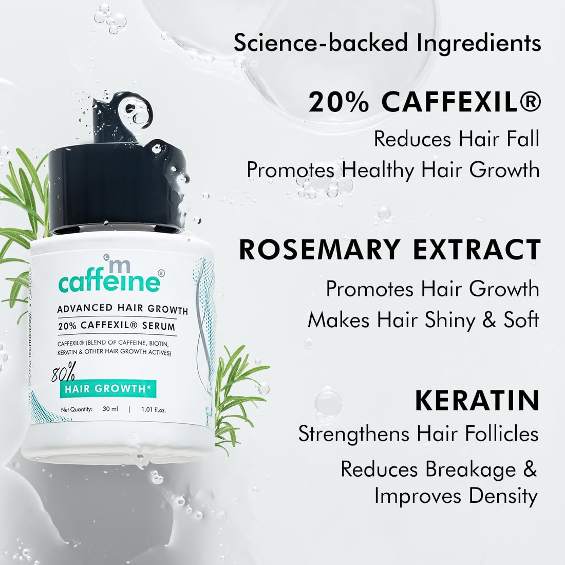 Caffeine hair growth serum with ingredients listed on a light gray background