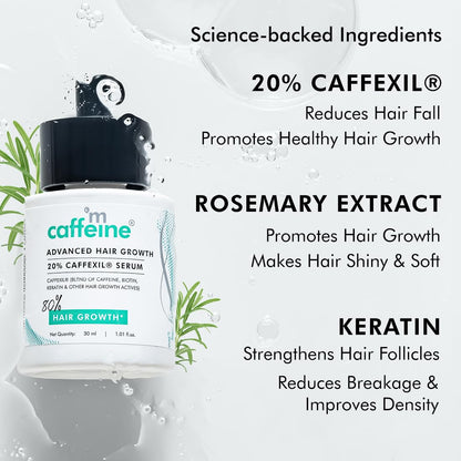 Caffeine hair growth serum with ingredients listed on a light gray background