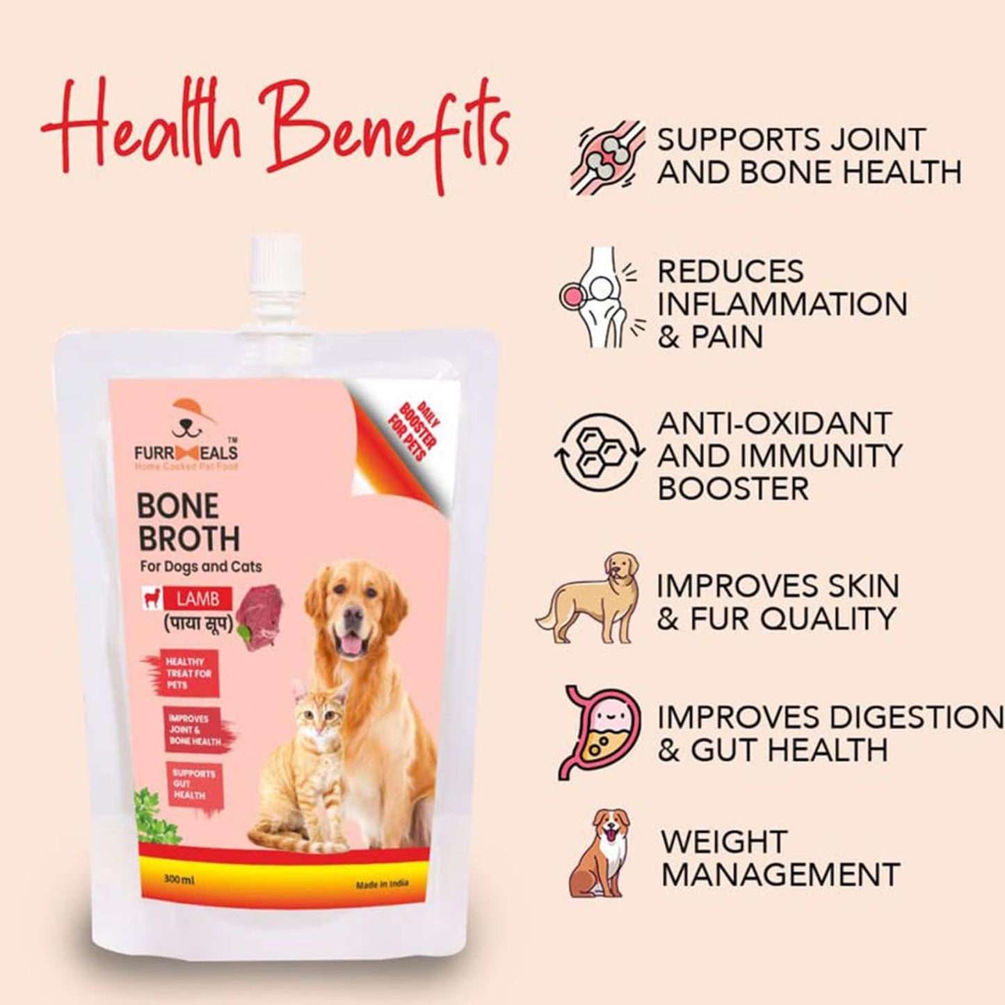 FurrMeals Lamb Bone Broth - Paya Soup | All Life Stages Ready to Serve I Gravy/Wet Dog Food | Treat for Dogs and Cats | 300ml x Pack of 1 | Joint Health Natural Supplement