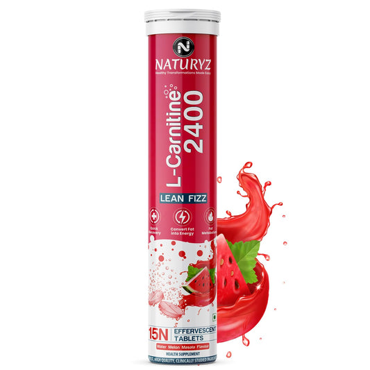 Naturyz L-Carnitine 2400 Lean Fizz supplement tube with strawberry flavor on a white background