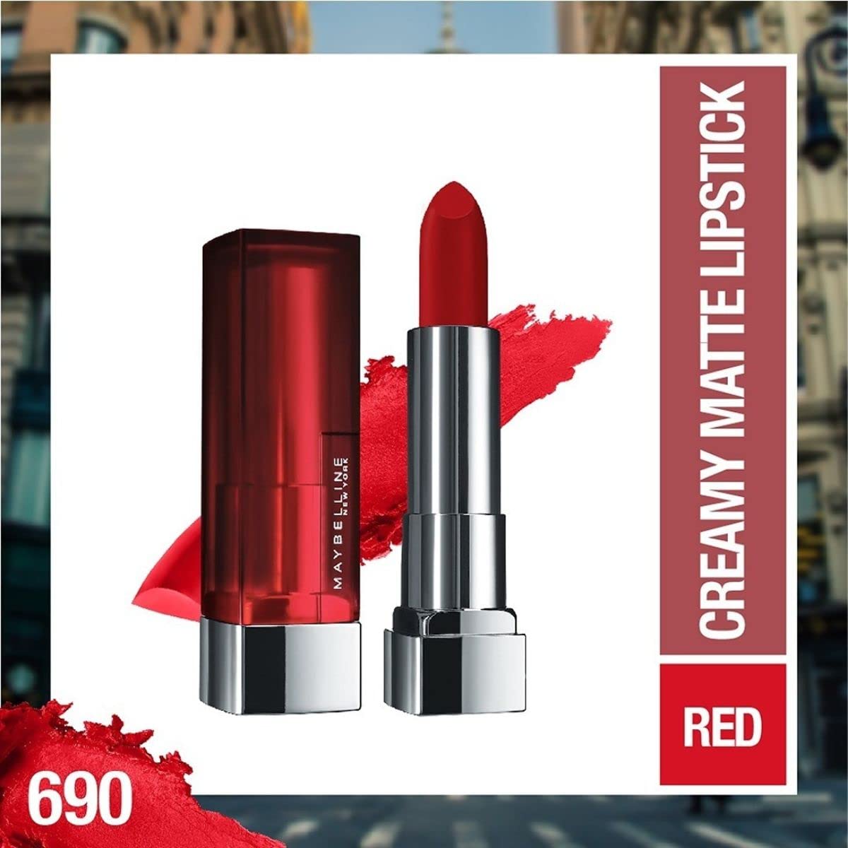 Maybelline New York Color Sensational Creamy Matte Lipstick lasts up to 12 Hours, Hydrate Lips, Rich Creamy Lipstick with Shea Butter, Available in 42 Shades - 690 Siren in Scarlet, 3.9g