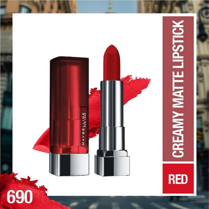 Maybelline New York Color Sensational Creamy Matte Lipstick lasts up to 12 Hours, Hydrate Lips, Rich Creamy Lipstick with Shea Butter, Available in 42 Shades - 690 Siren in Scarlet, 3.9g