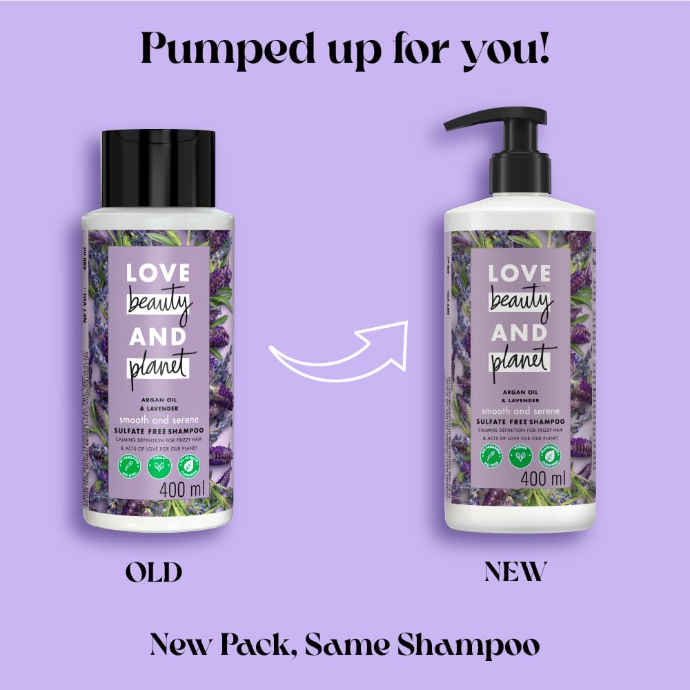 Comparison of old and new packaging for Love Beauty and Planet shampoo on a purple background.