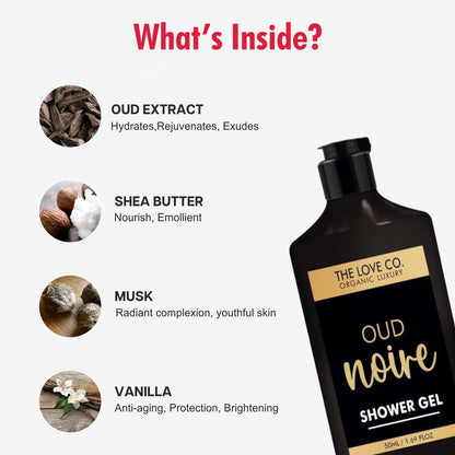 THE LOVE CO. Oud Noire Body Wash 50Ml - Luxury Body Wash for Women - Organic & Vegan - Shower Gel Women - 100% Vegan - Luxury Beauty - Body Skin Care Products