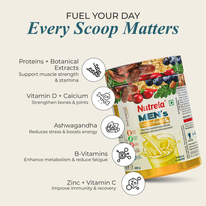 Nutrela Men Superfoods With Whey Protein Powder - 400g, Vanilla Flavor | Everyday Fitness with Biofermented Multivitamins & Whey Protein to support in Bone & Joints Health , Muscle , Heart , Hair & Nails , Ednergy Booster and Mood Stabilizer