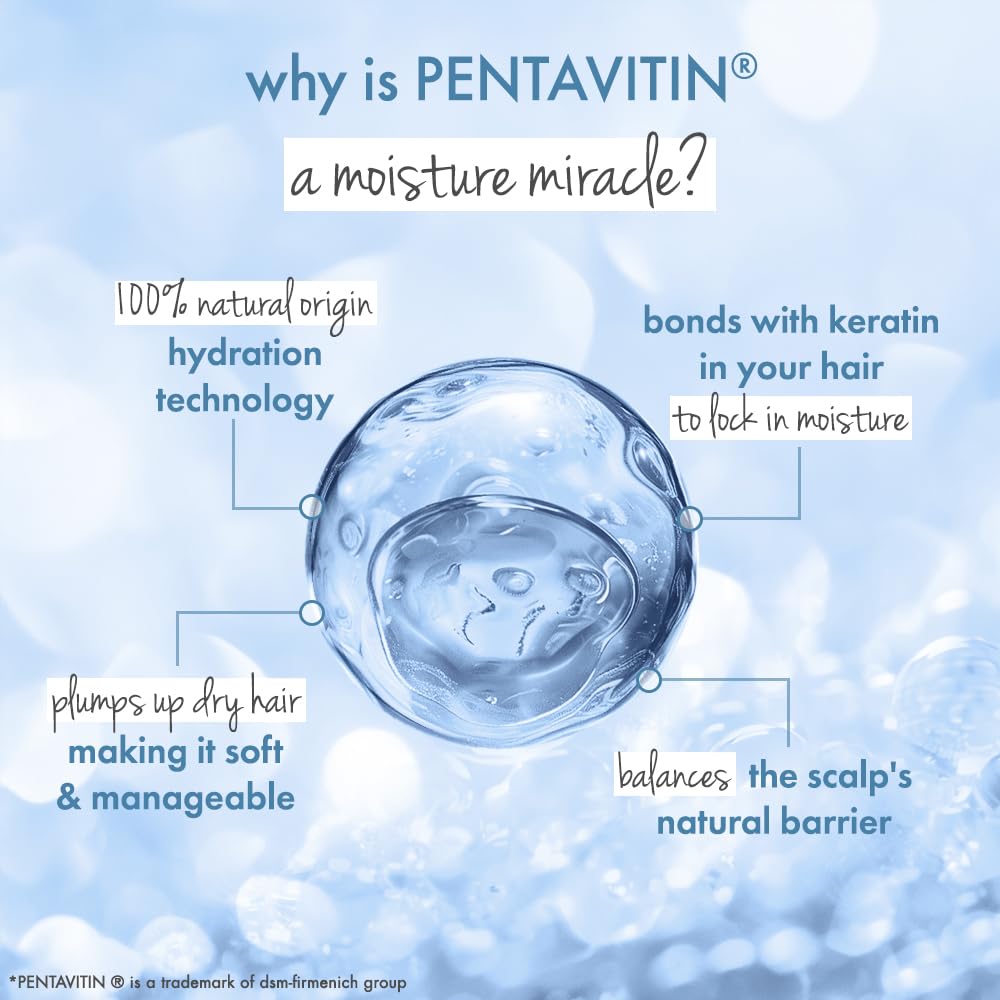 Advertisement for Pentavitin showing a moisture miracle with water droplet graphic and text on a blue background.