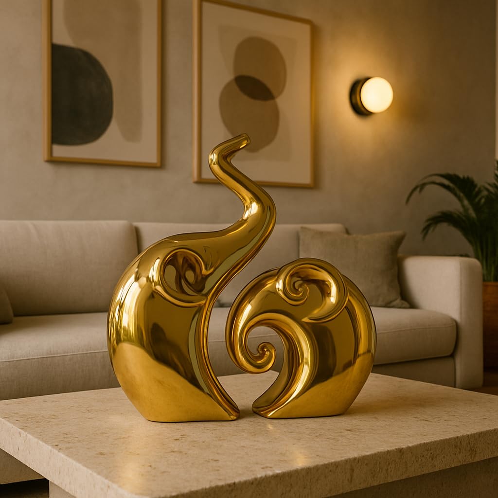 Home Decor Elephant Set | Ceramic Figurines - (Set of 2 Piece, Golden)