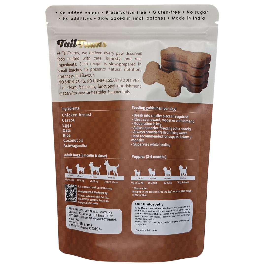 TailTrums Dog Biscuits – Chicken & Carrot Cookies with Ashwagandha 250g | Healthy Dog Food | Freshly Baked Dog Treats, All Natural & Preservative Free | Human-Grade Ingredients| All Breeds |