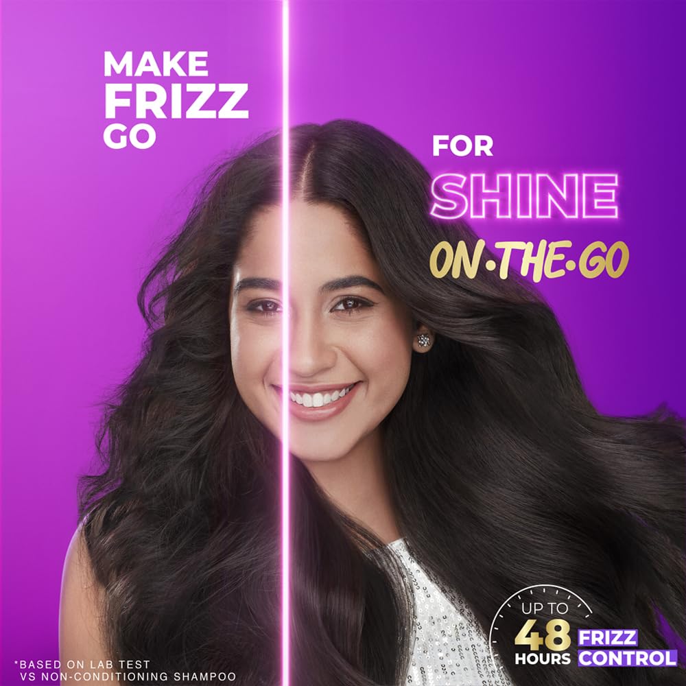 Advertisement for hair care product with a woman with long, shiny hair on a purple background.