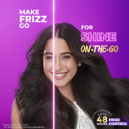 Advertisement for hair care product with a woman with long, shiny hair on a purple background.
