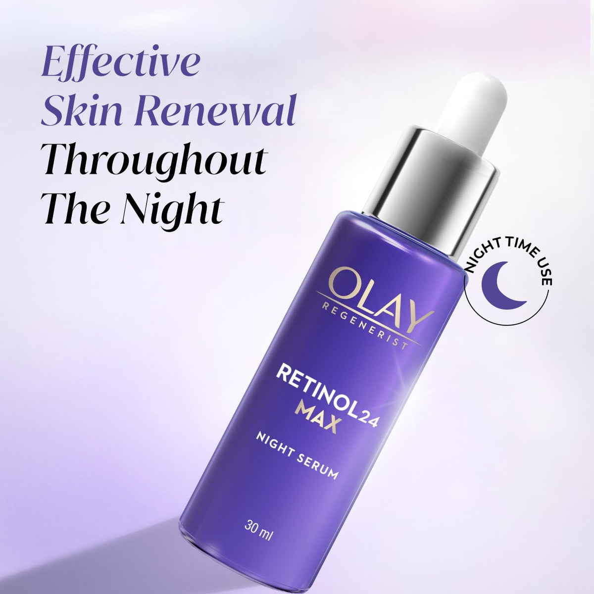 Olay Regenerist Retinol24 Max night serum bottle with text on a purple background