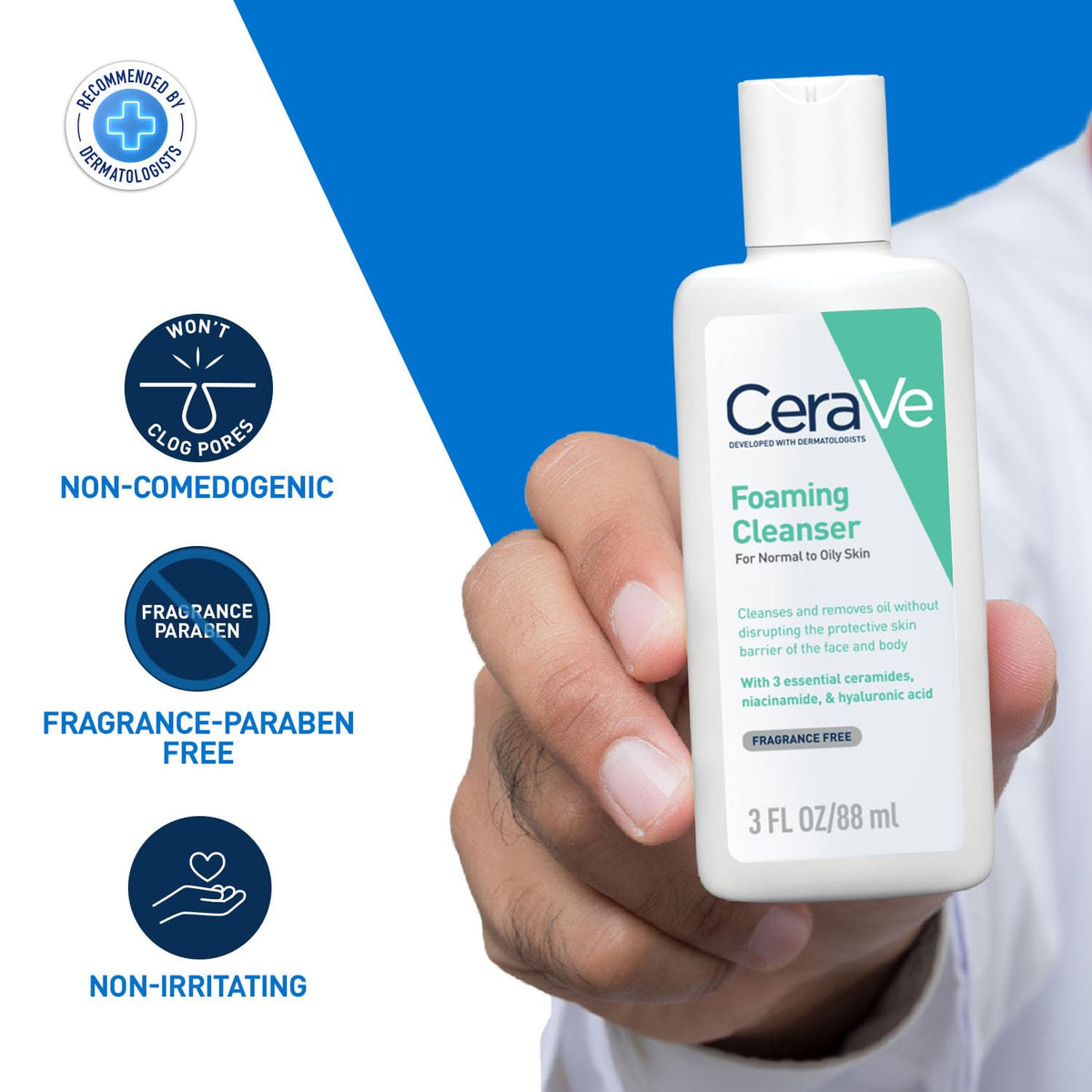 CeraVe Foaming Cleanser held by a person with product features highlighted on a blue and white background.