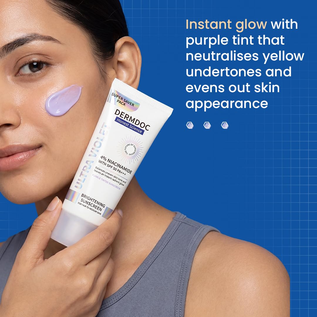 DERMDOC SPF 50 Ultra Violet Brightening Tinted Sunscreen with 4% Niacinamide, 100g | PA +++ | With Purple Tint | Evens Skin Tone | Lightweight | UVA & UVB Protection | Zero White Caste | Strengthens Skin Barrier | Ultra-Light & Non-Greasy