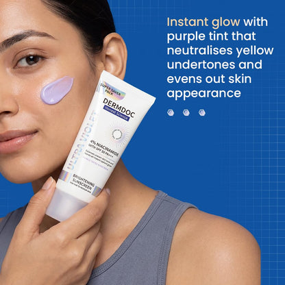 DERMDOC SPF 50 Ultra Violet Brightening Tinted Sunscreen with 4% Niacinamide, 100g | PA +++ | With Purple Tint | Evens Skin Tone | Lightweight | UVA & UVB Protection | Zero White Caste | Strengthens Skin Barrier | Ultra-Light & Non-Greasy