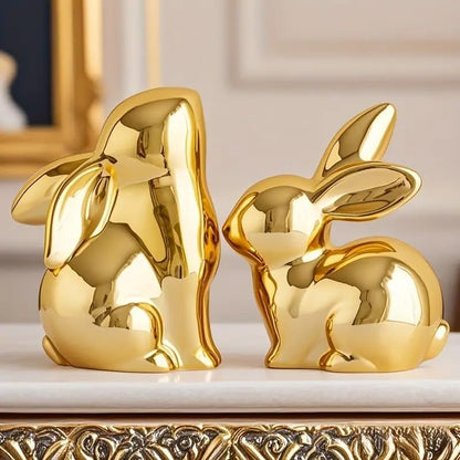 Street27 Ceramic Rabbit Figurines Set of 2, Gold Decorative Bunny Statues for Home Decor, Small Modern Animal Showpieces for Living Room, Bedroom, Office Desk, Shelf Decoration, Glossy Finish