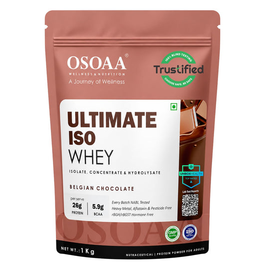 OSOAA Ultimate ISO Impact Whey Protein - 1kg, Belgian Chocolate | 26g Protein, 7g BCAA | Tri-Blend: Isolate, Concentrate & Hydrolysate | Trustified Certified & Batchwise NABL Lab Tested | Unbox Health A Rated | No Adulteration
