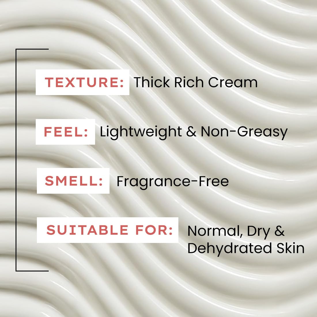 Textured cream with product features listed on a beige background