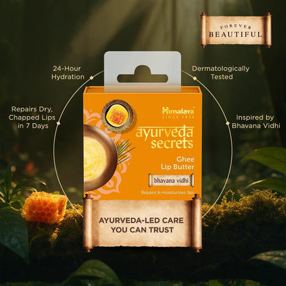 Himalaya Ayurveda Secrets Ghee Lip Butter packaging with natural elements in the background