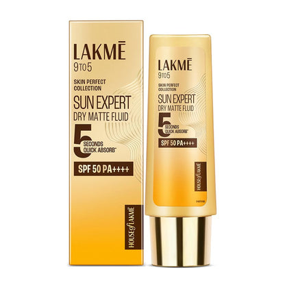 Lakme 9to5 Sun Expert Dry Matte Fluid packaging on a white background