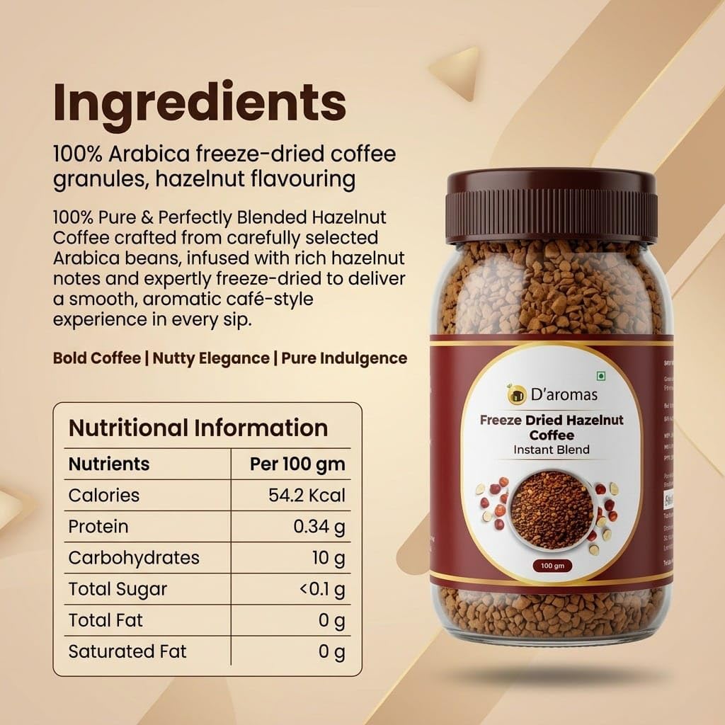 D'aromas Freeze Dried Hazelnut Coffee 100g | Premium Instant Flavoured Coffee Powder | Rich Aroma Smooth Taste | Perfect for Hot & Cold Coffee, Latte & Cappuccino