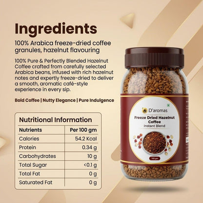 D'aromas Freeze Dried Hazelnut Coffee 100g | Premium Instant Flavoured Coffee Powder | Rich Aroma Smooth Taste | Perfect for Hot & Cold Coffee, Latte & Cappuccino