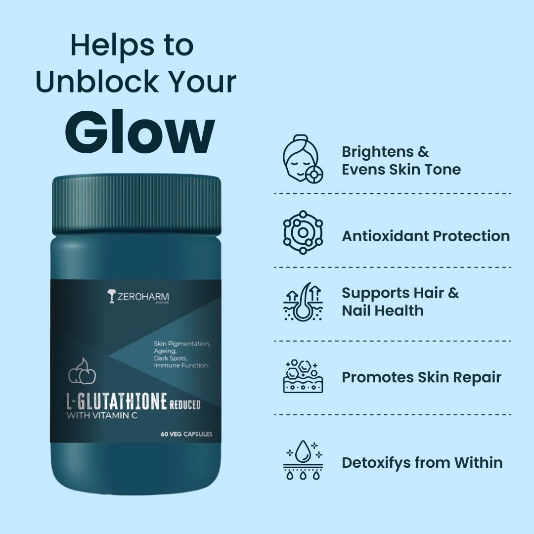 ZEROHARM L-Glutathione Reduced with Vitamin C, E & Biotin | Glutathione Capsules for Skin Whitening | Skin Glow, Pigmentation & Collagen Support for Men and Women | 1000mg per Serving | 60 Capsules
