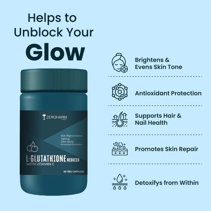 ZEROHARM L-Glutathione Reduced with Vitamin C, E & Biotin | Glutathione Capsules for Skin Whitening | Skin Glow, Pigmentation & Collagen Support for Men and Women | 1000mg per Serving | 60 Capsules