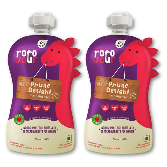 Rorosaur Baby Food Pouch | Prune Fruit Puree helps with constipation & indigestion for Baby and Toddlers,6+ Months, No more tummy problems | Ready to Eat, No Preservatives, No Added Sugar |100g each, Pk of 2